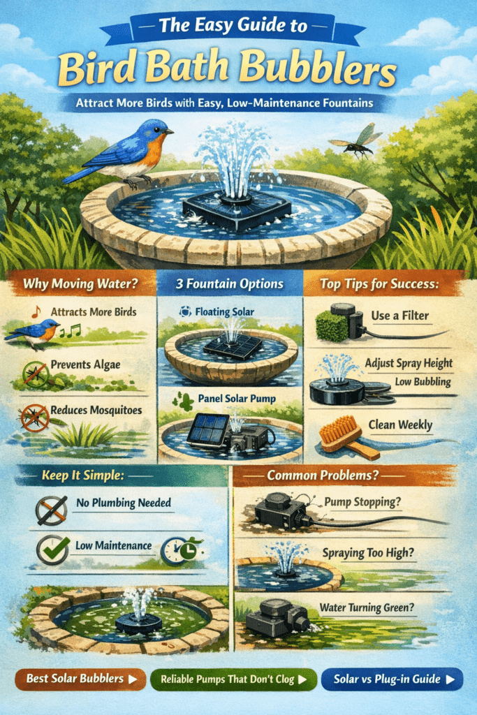 Infographic - the Easy Guide to Bird Bath Bubblers - How to Attract More Birds with Easy, Low Maintenance Fountains