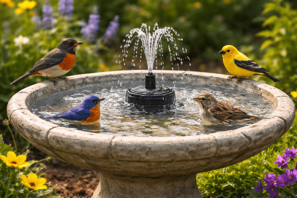 Birds at Shallow Bird Bath Fountain