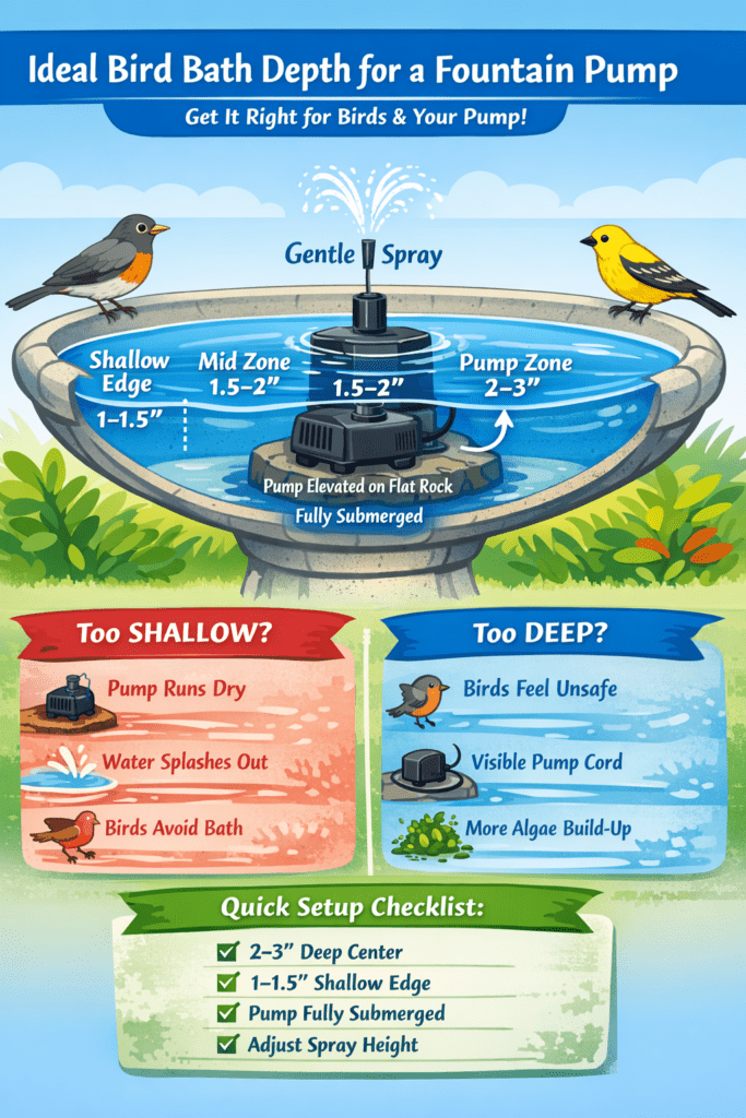 Infographic - Ideal Bird Bath Depth for a Fountain Pump
