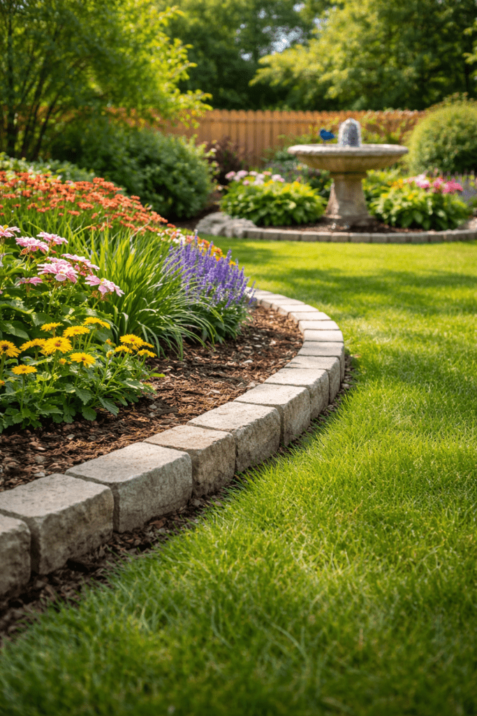 Edging in a Backyard with a Fountain in the Distance
