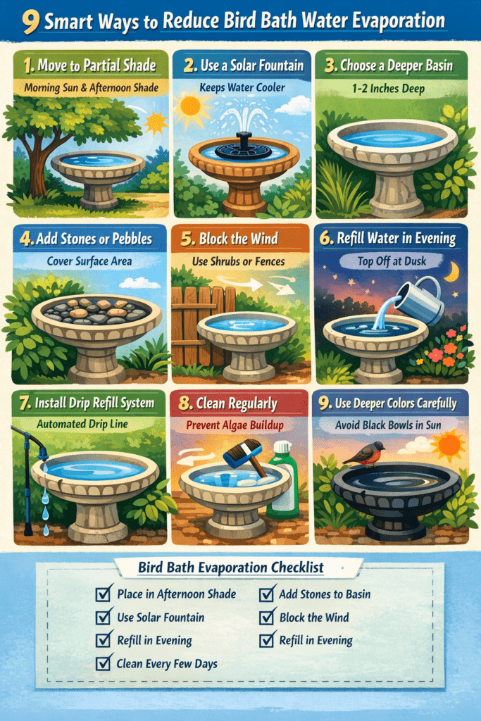 Infographic - Ways to Reduce Bird Bath Water from Evaporating