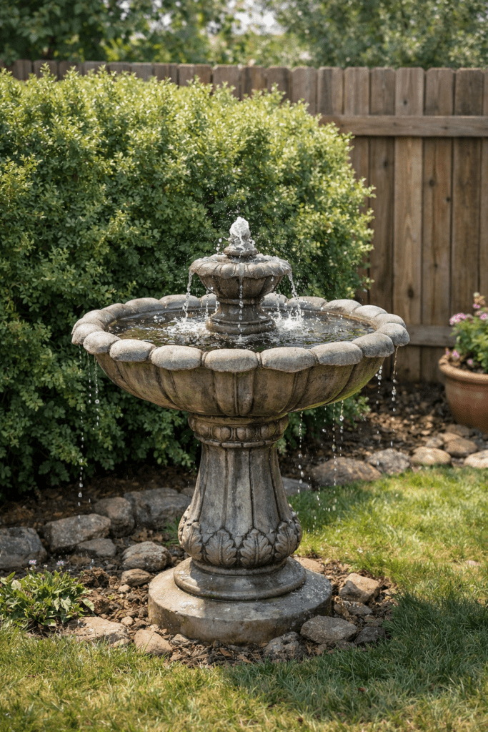 Fountain in Backyard by Fence and Bush, Protected from Wind