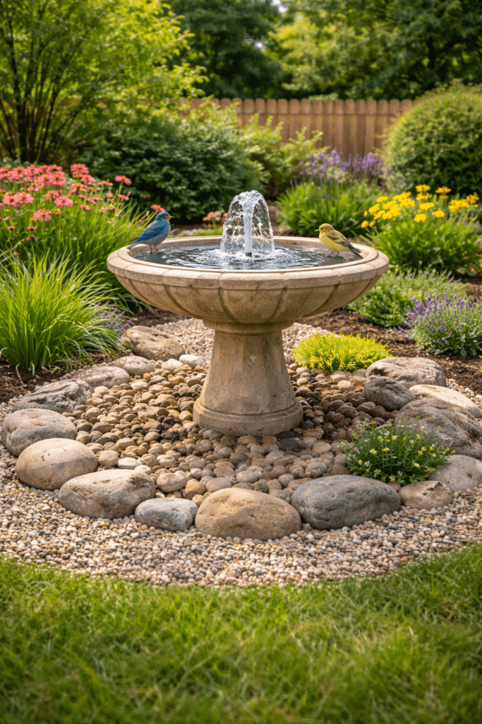 Garden Bird Fountain Surrounded by Gravel, Rocks and Plants