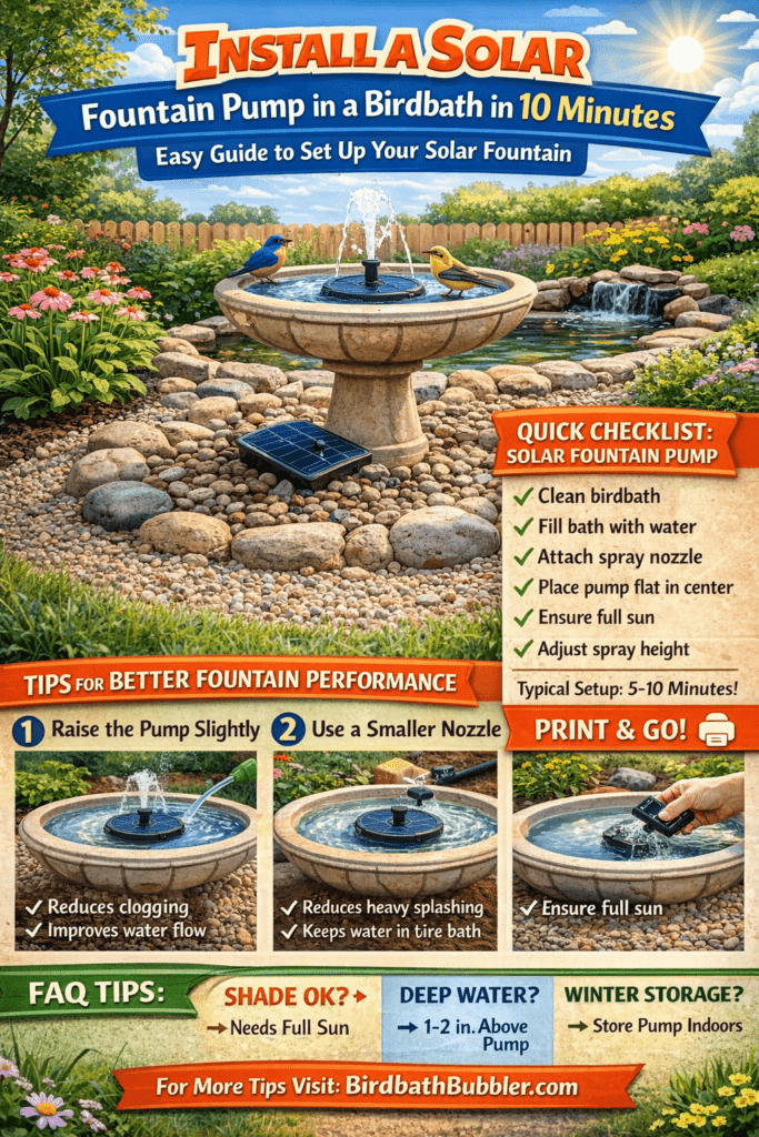 Infographic - Install a Solar Fountain Pump in a Birdbath in 10 Minutes