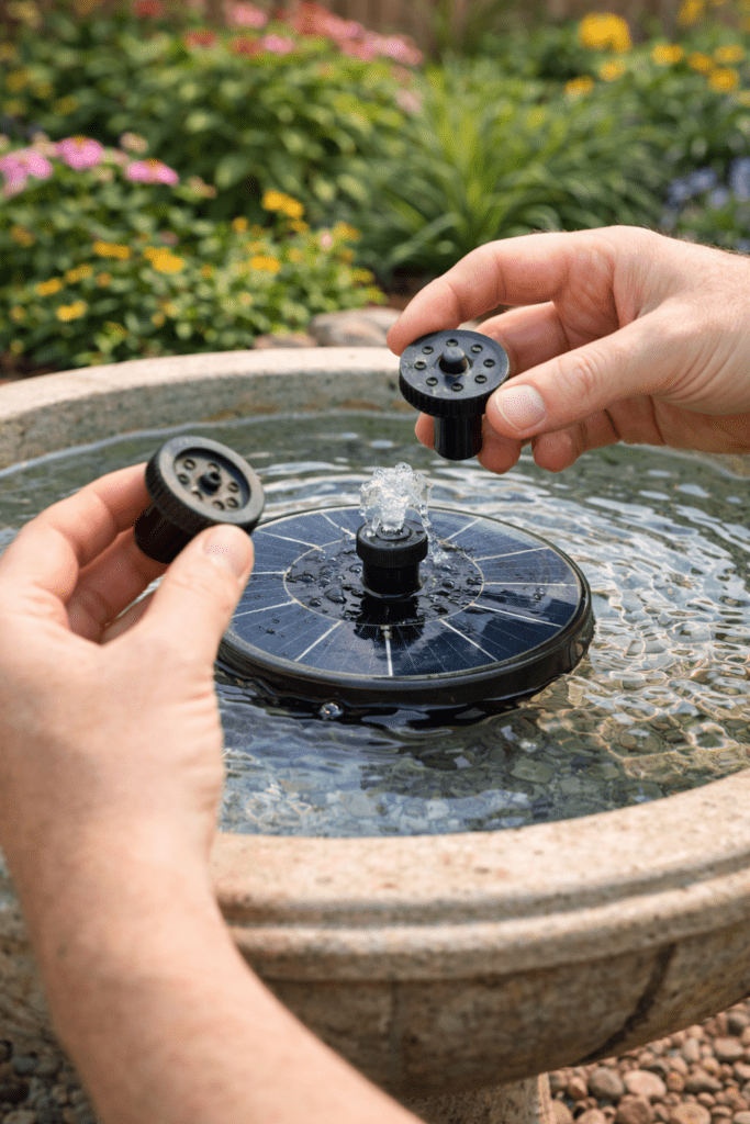 Switching Nozzle on Floating Solar Fountain in Bird Bath