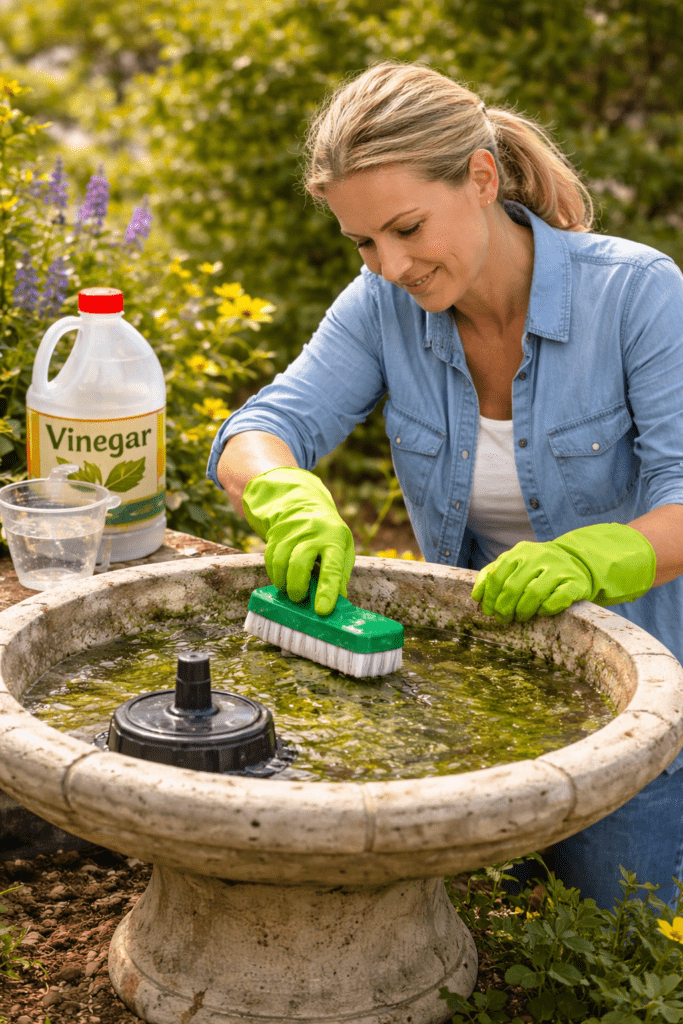 Woman Cleaning Bird Fountain