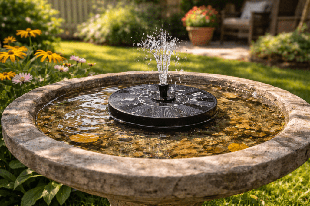 Floating Solar Fountain in sunny Birdbath