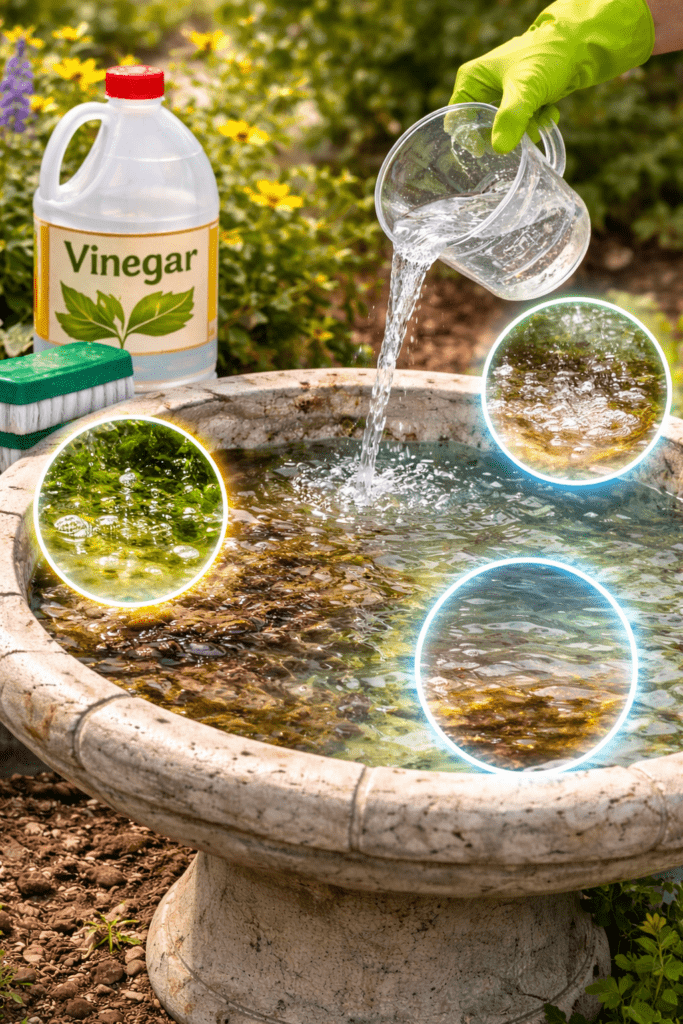 Vinegar Helps Remove Mineral Deposits, Algae and Cloudy Film in Bird Bath